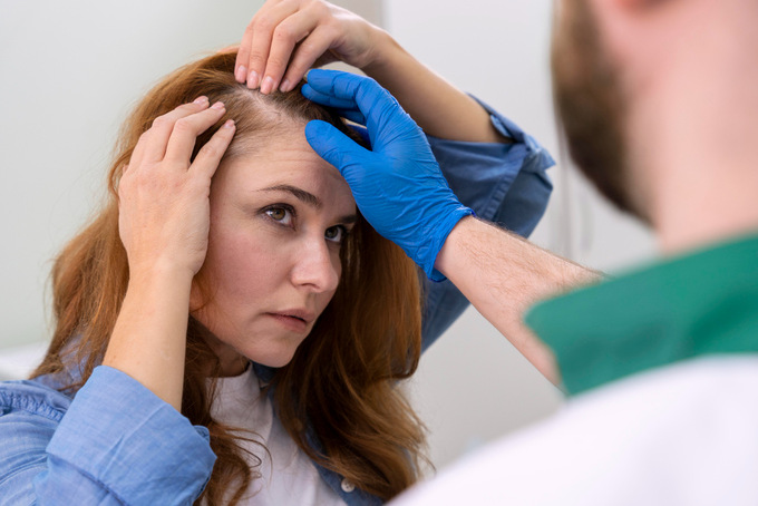 Woman having her scalp examined by a healthcare professional wearing gloves
