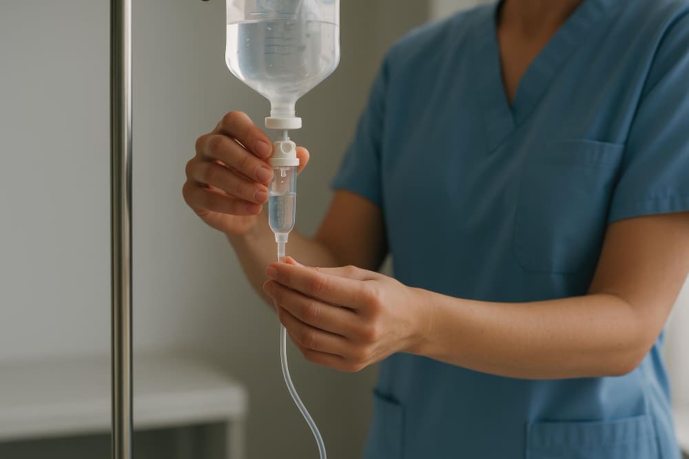 Medical professional adjusting an intravenous drip