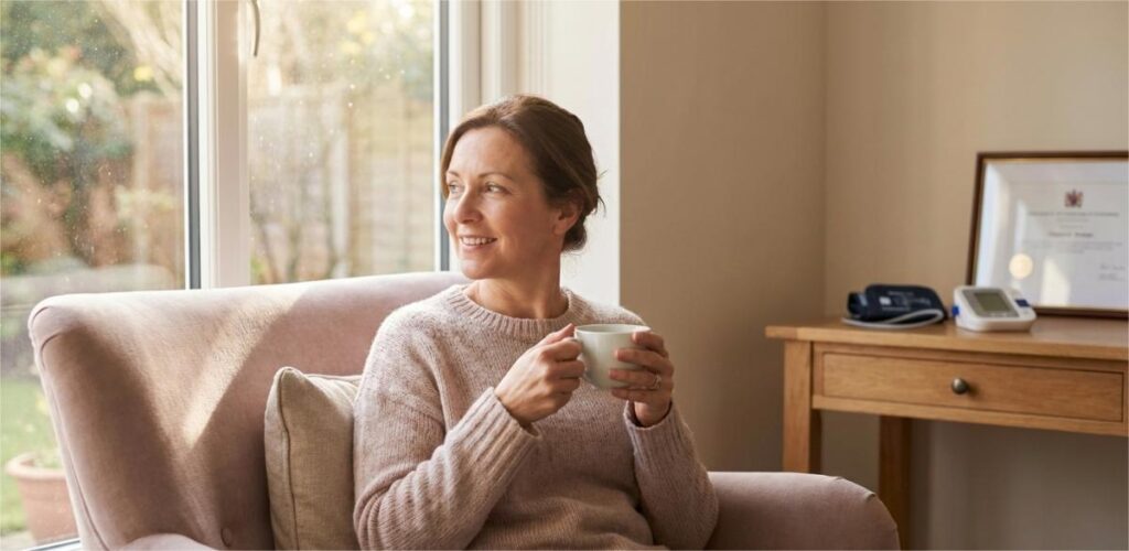 A middle-aged woman sits in a chair by a window, smiling and holding a mug.