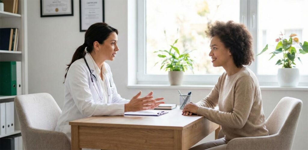 A doctor and a patient sit across from each other at a desk for a personalized consultation.