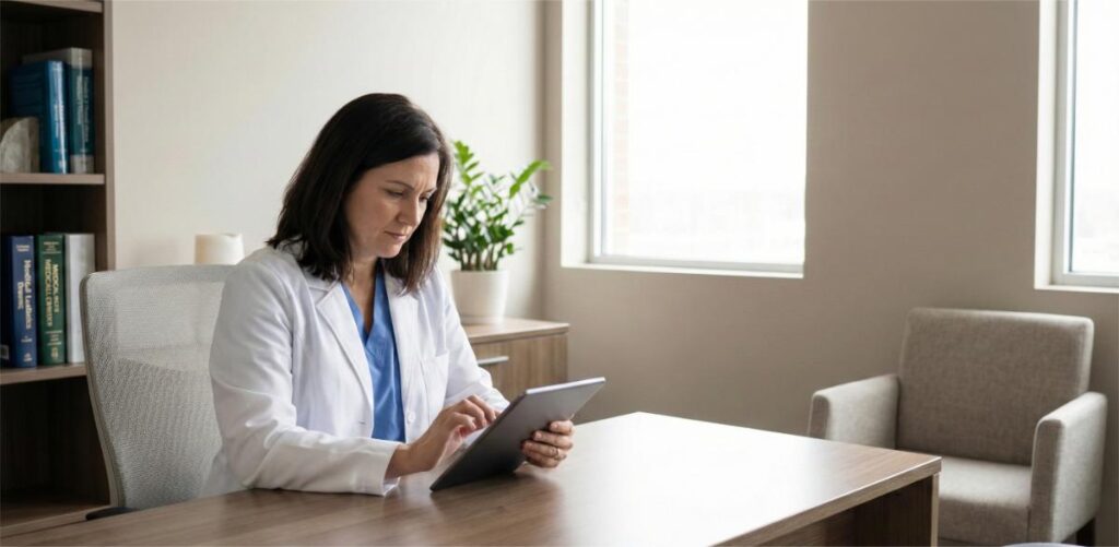 A female doctor in a white coat sits at a desk using a tablet in a bright office.